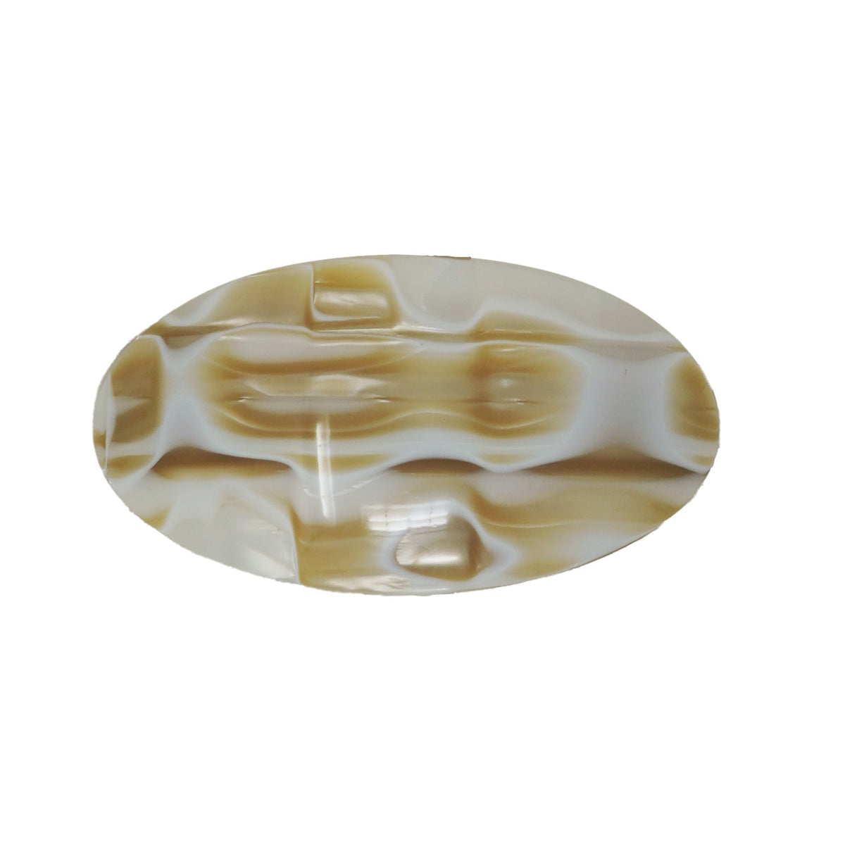 Oval-shaped stone with brown and white patterns on a white background