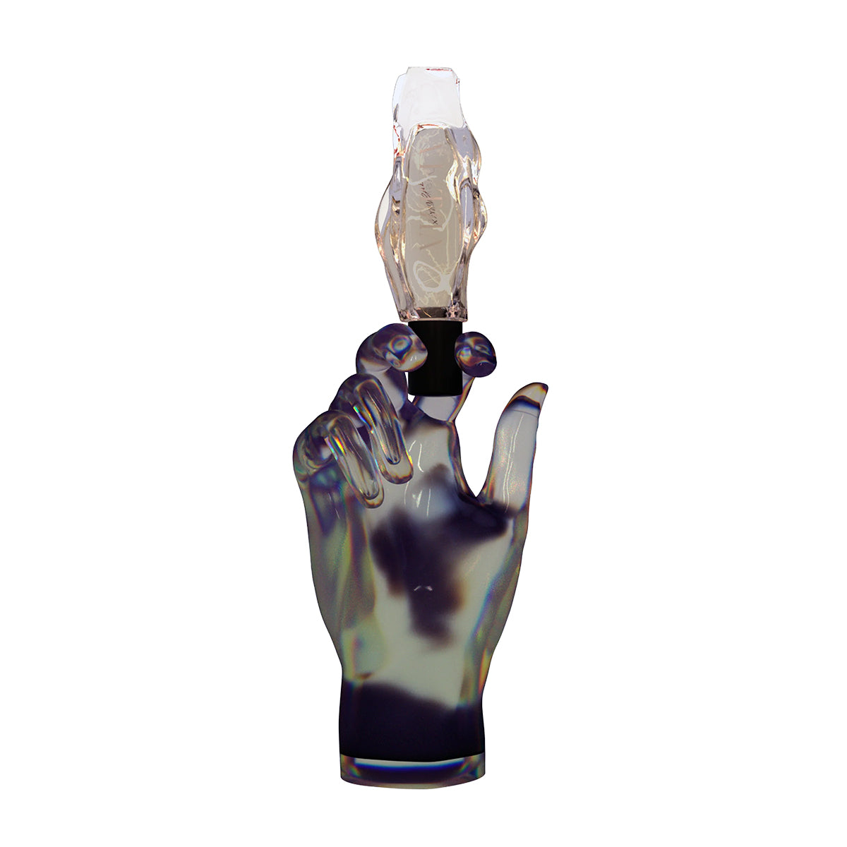 Glass hand sculpture with a bottle on a white background