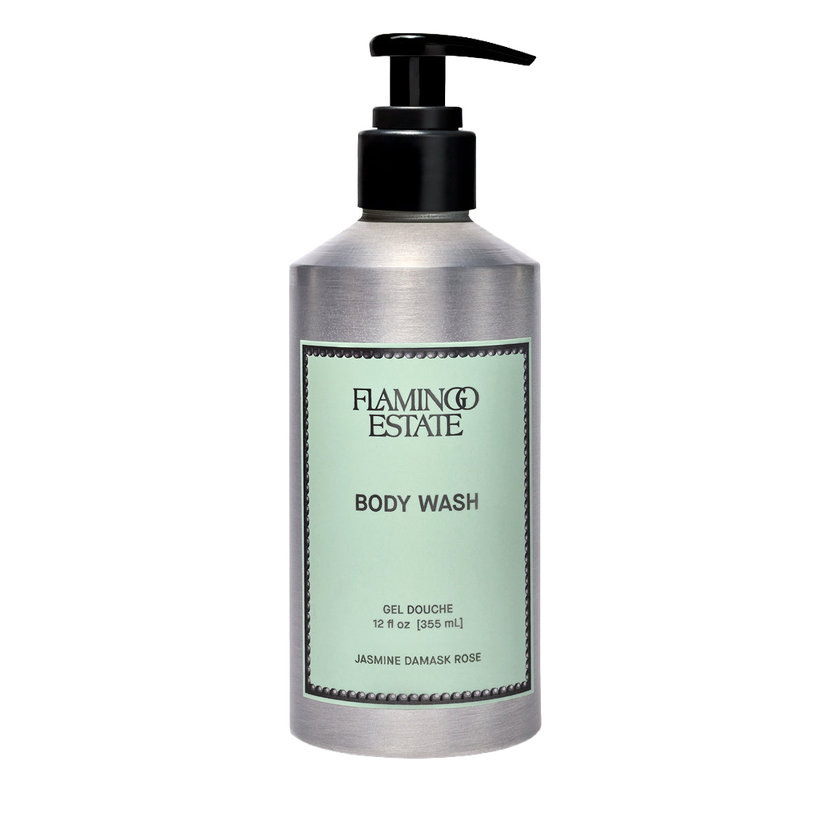A silver pump bottle of Flaming Estate Body Wash with a black dispenser and a pale green label, set against a plain white background.
