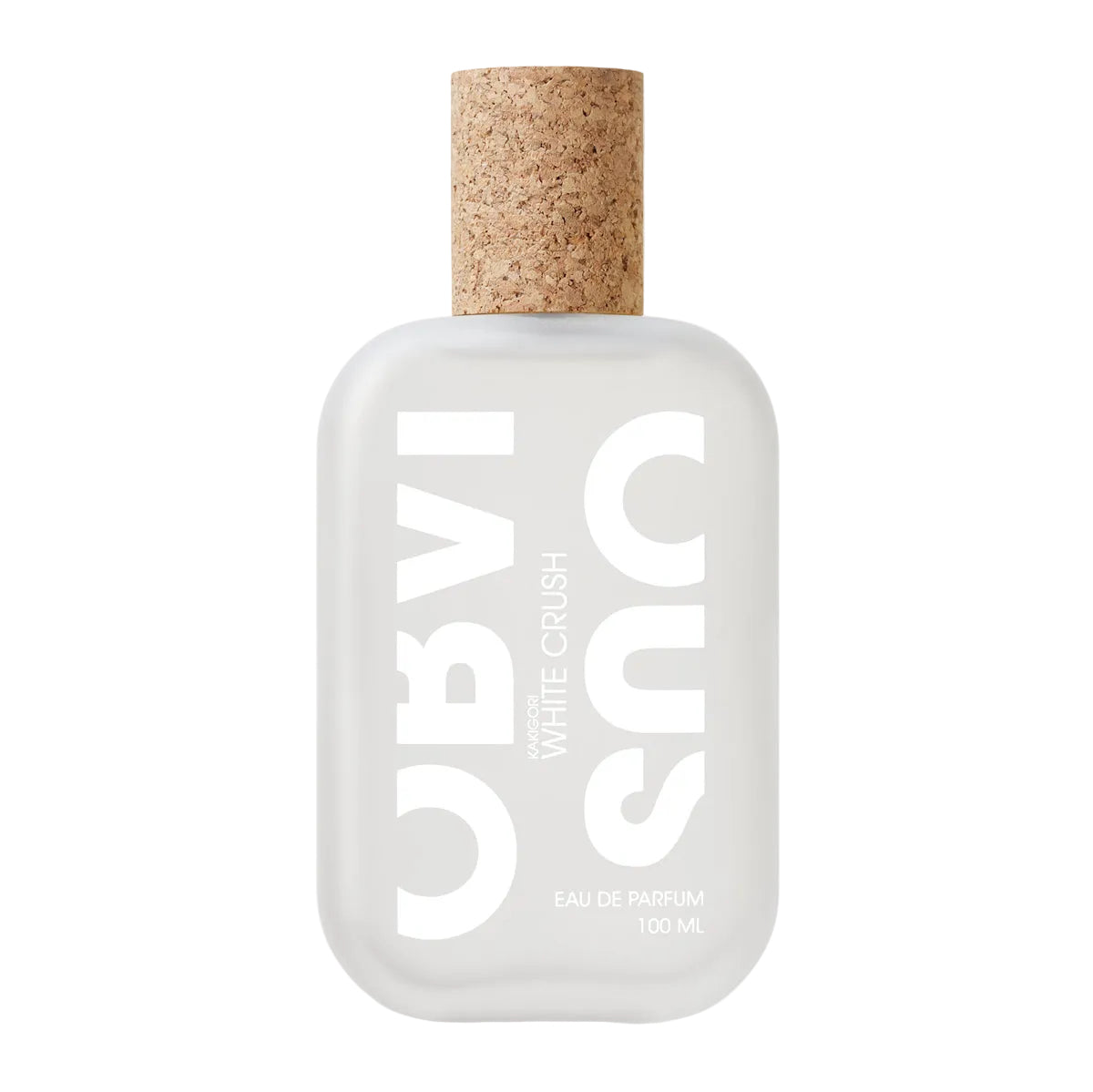 White perfume bottle with cork cap on a white background