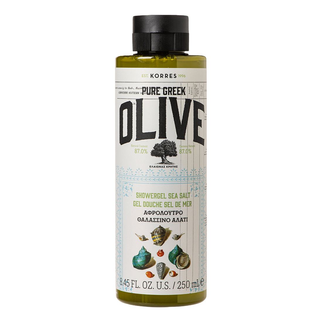 A bottle of Korres Pure Greek Olive Shower Gel Sea Salt, 250 mL, featuring a black cap and a white label with olive-themed graphics.