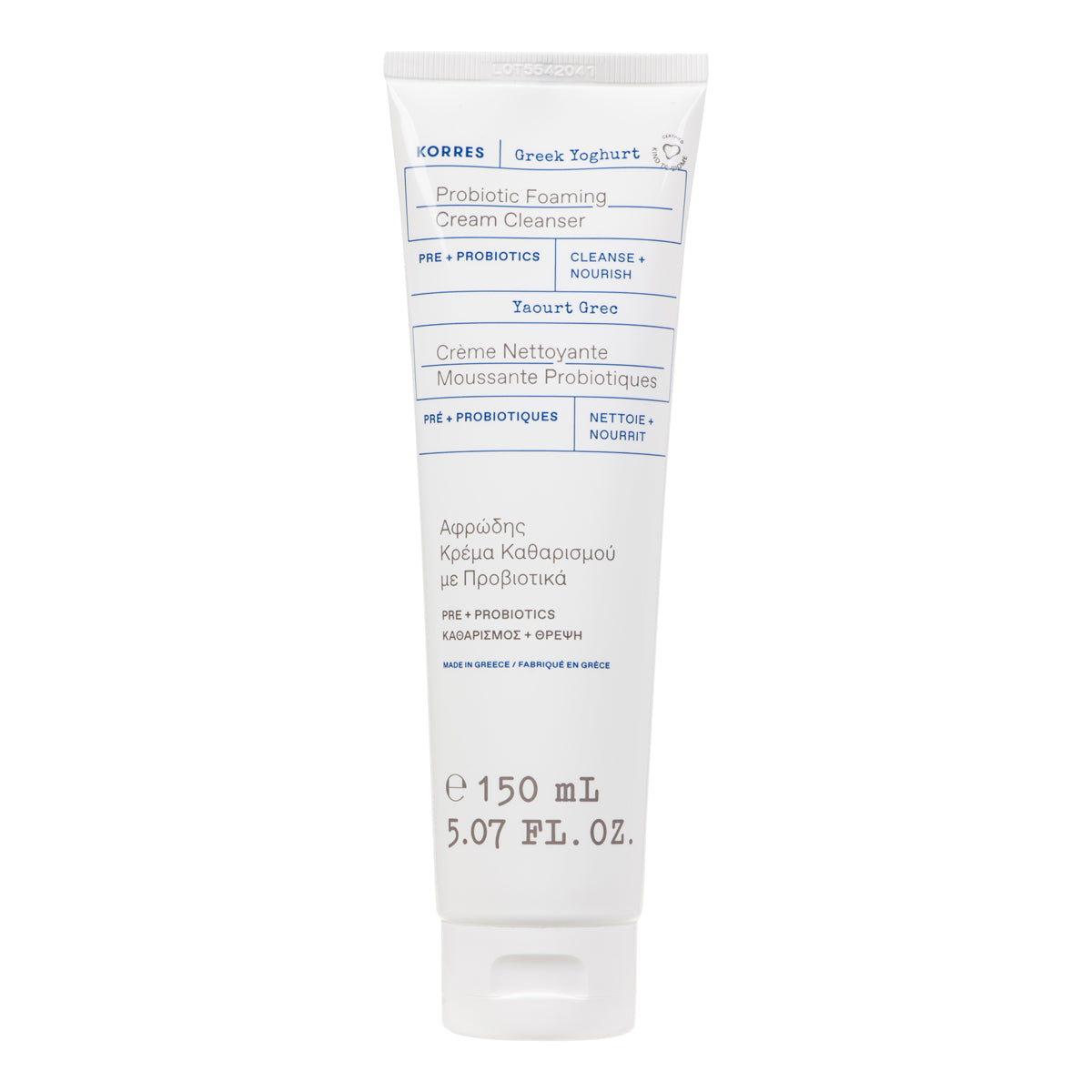 A white squeeze tube of Korres Probiotic Foaming Cream Cleanser on a plain white background.