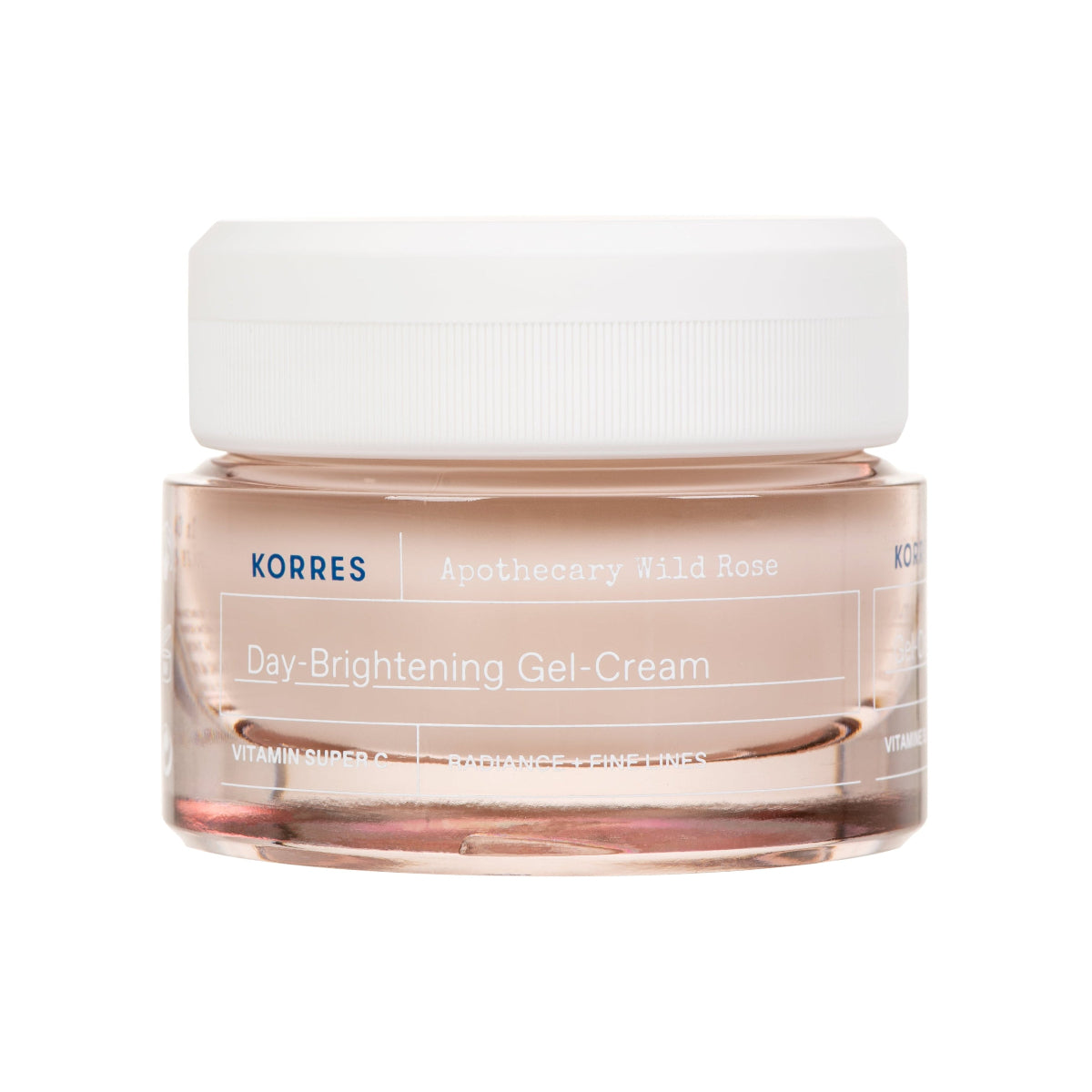 A jar of KORRES Apothecary Wild Rose Day-Brightening Gel-Cream, featuring a translucent pale pink glass container and a white ribbed cap, set against a plain white background.