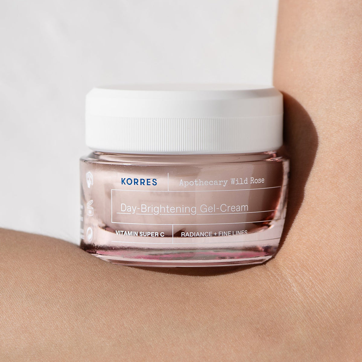 Korres Apothecary Wild Rose Day Brightening Gel-Cream jar on skin