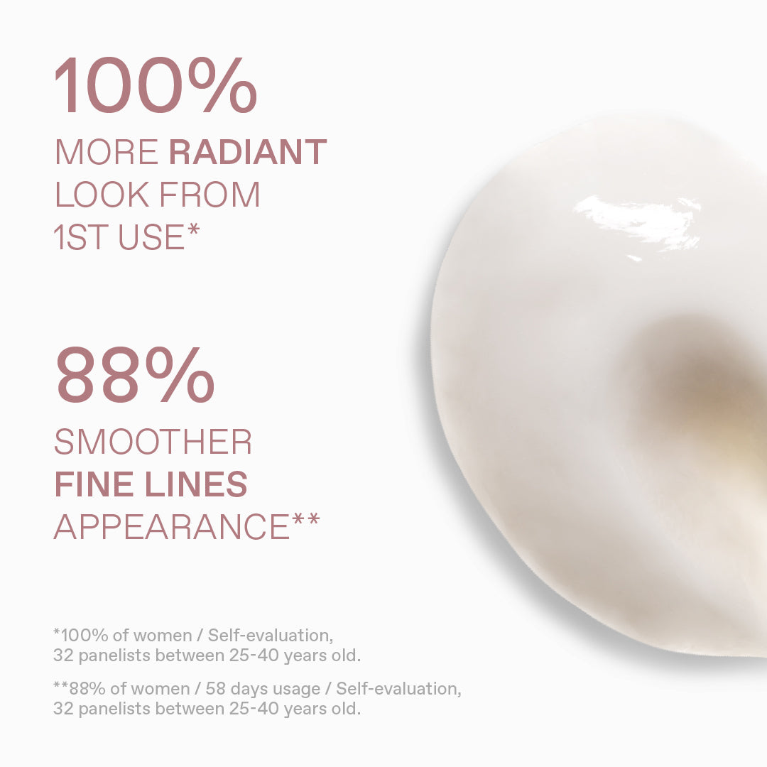 Cosmetic product with text highlighting radiance and smoothness improvements after first use.