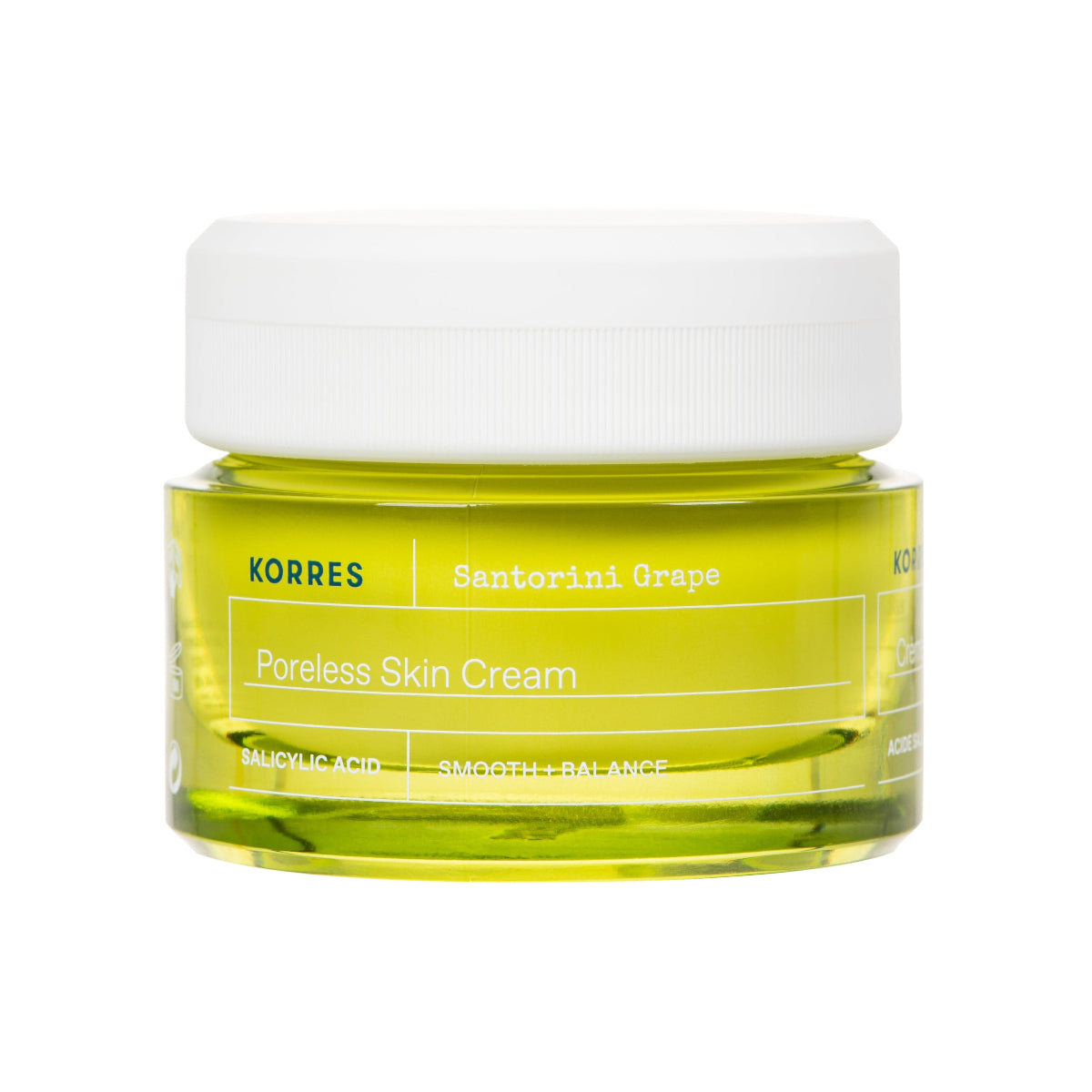 A jar of Korres Santorini Grape Poreless Skin Cream, featuring a translucent yellow-green container and a white screw-on lid, set against a plain white background.