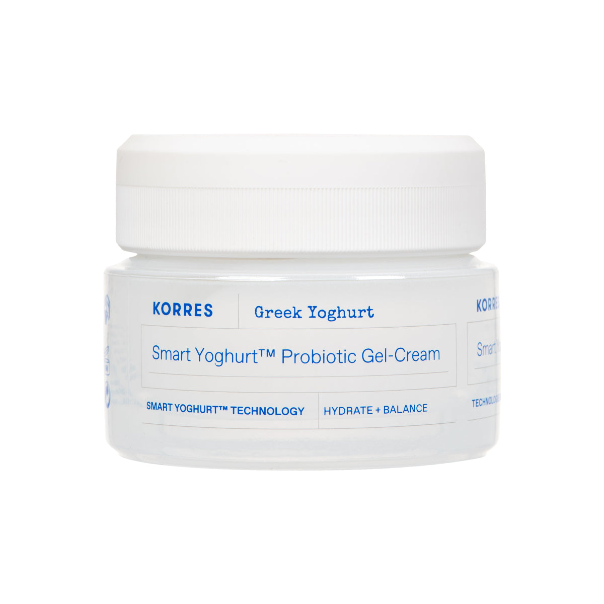 A white plastic jar of KORRES Smart Yoghurt Probiotic Gel-Cream with a white lid, featuring blue text on the label, set against a plain white background.