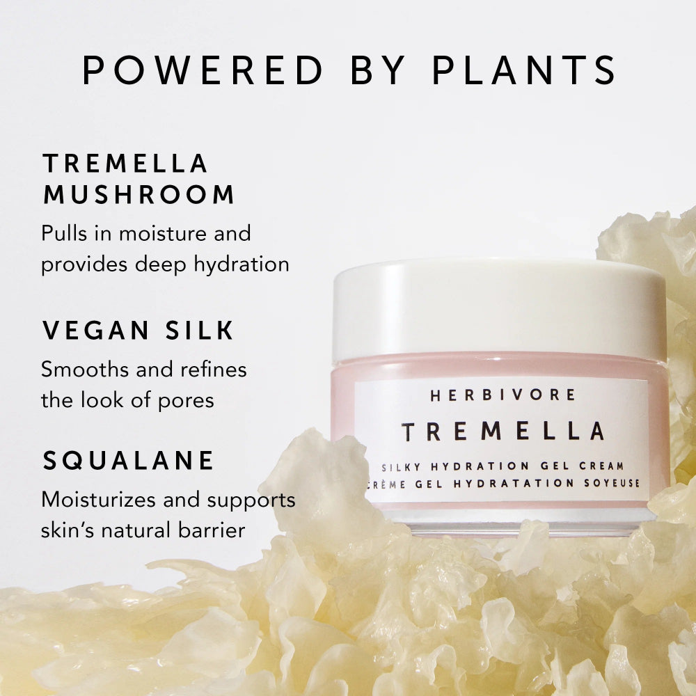 Herbivore Tremella Silky Hydration Gel Cream with product details on a white background