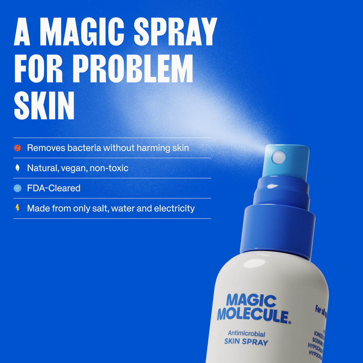 Magic Molecule Hypochlorous Acid Solution Spray on a blue background with the text: "A magic Spray for Problem Skin"