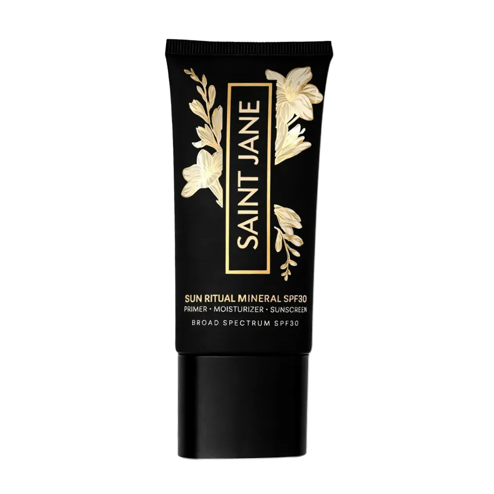 Black skincare tube with floral design and 'Saint Jane' branding on a white background