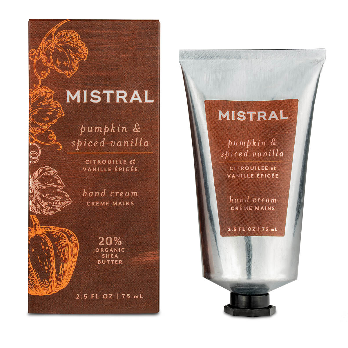Mistral pumpkin & spiced vanilla hand cream shown with its brown illustrated box and a silver squeeze tube on a white background.