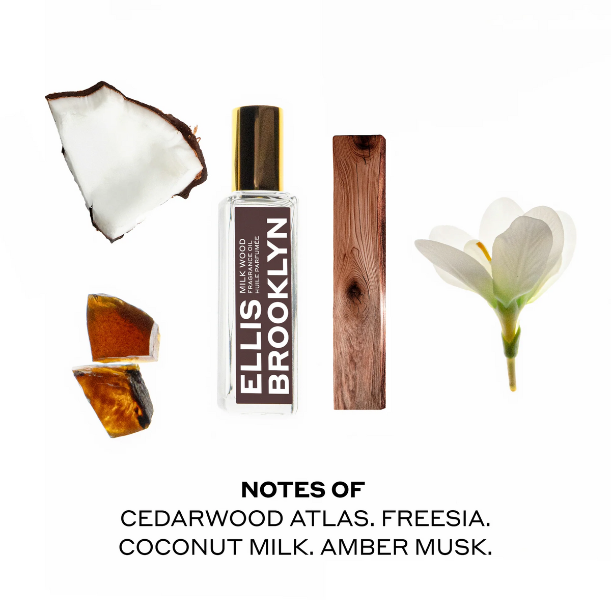 Ellis Brooklyn Milk Wood bottle with ingredients on a white background