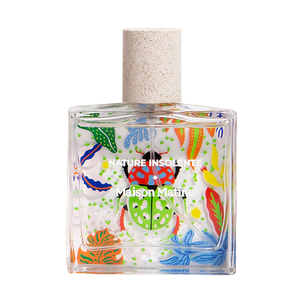 Perfume bottle with colorful insect design on a white background