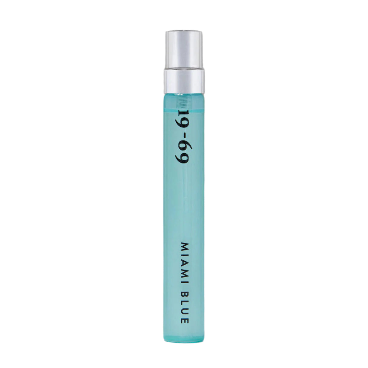 19-69 Miami Blue Eau de Parfum travel size.  Light blue tinted glass vial with spray cap.