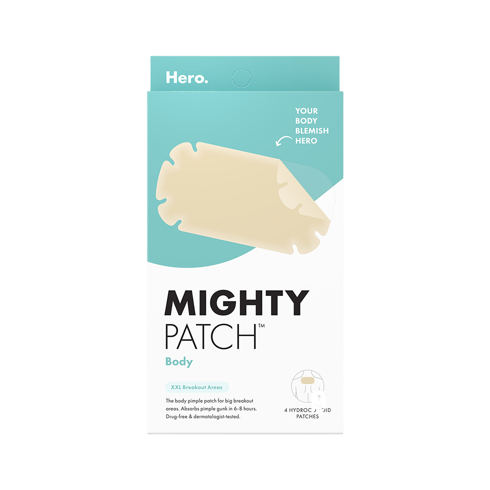 Mighty Patch body patch packaging with 'Hero.' branding on a white background