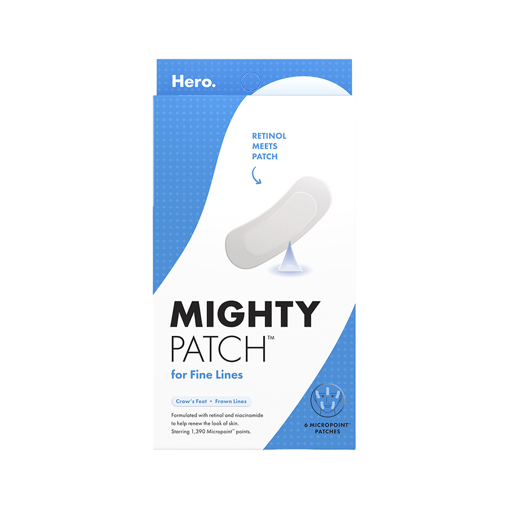 Hero Mighty Patch packaging with a white patch on a blue and white background