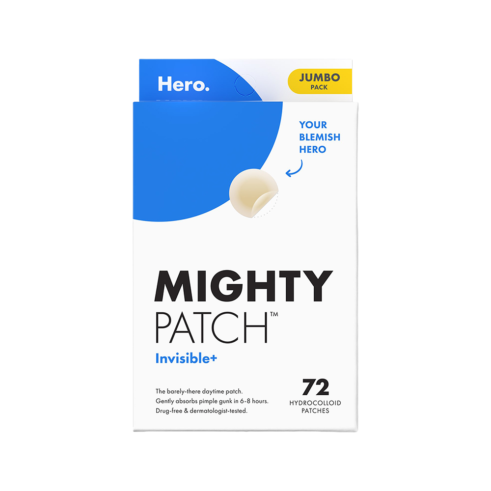 Box of Mighty Patch Invisible+ hydrocolloid patches with 'Hero' branding on a white background.