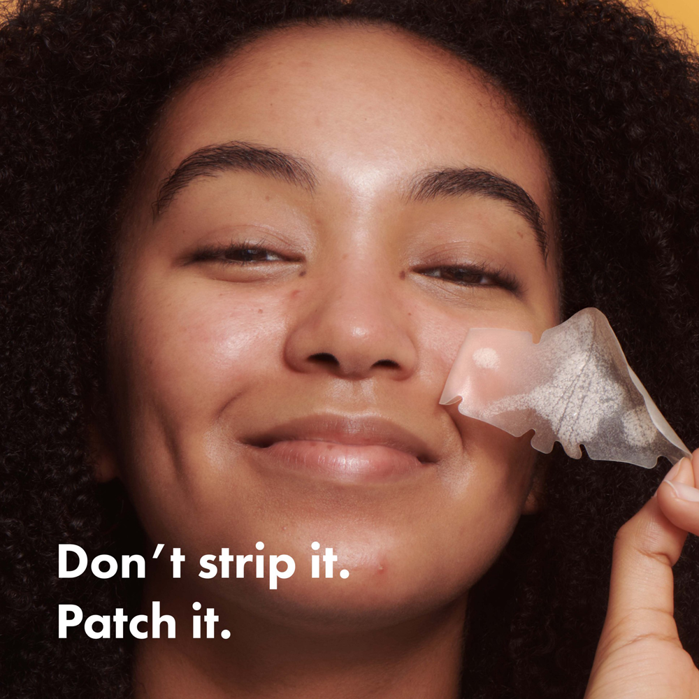 Person applying a patch to their face with text 'Don't strip it. Patch it.'