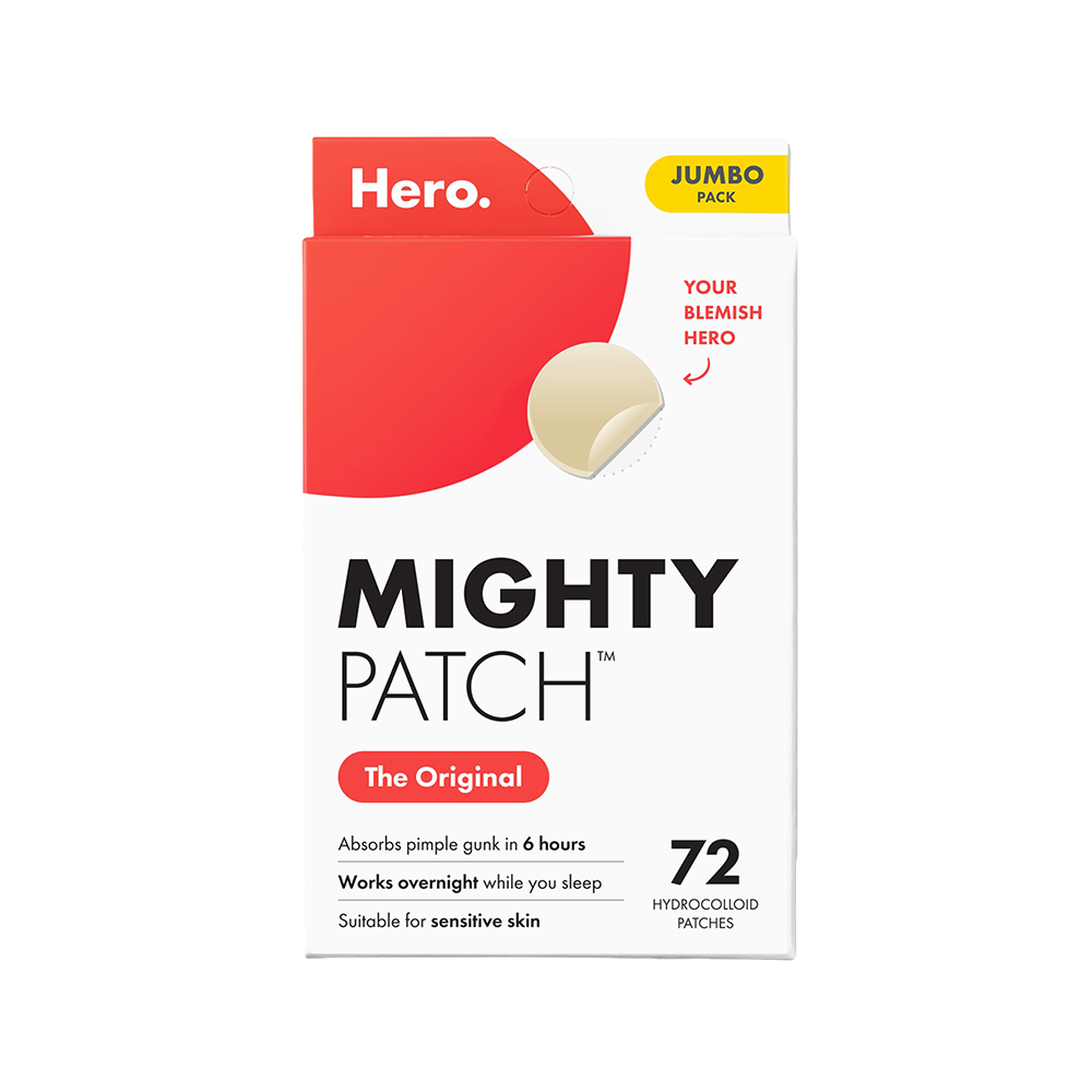 Box of Hero Mighty Patch acne treatment patches on a white background