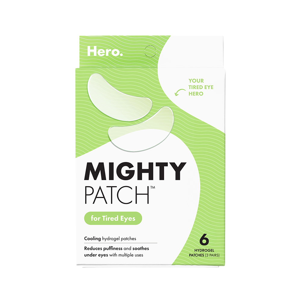 Box of Hero Mighty Patch for tired eyes with green and white design.
