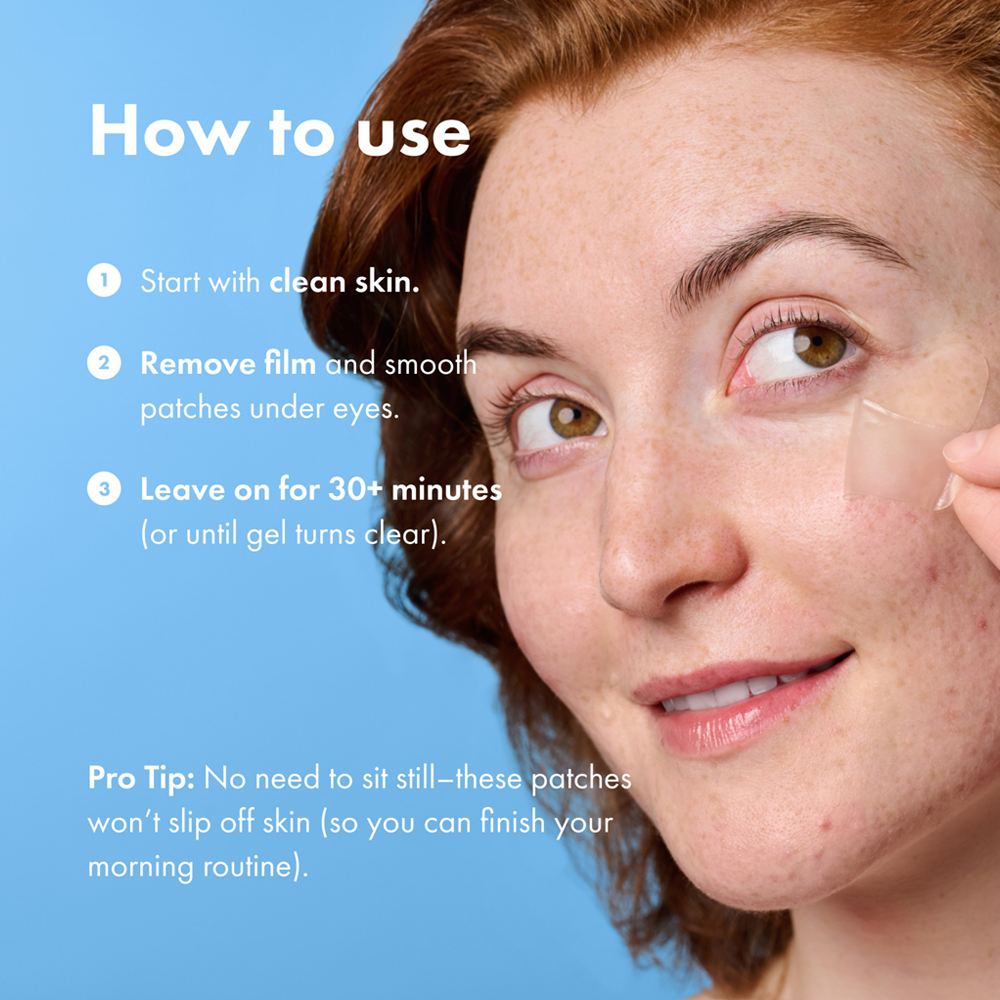 Woman applying eye patches with instructions on a blue background