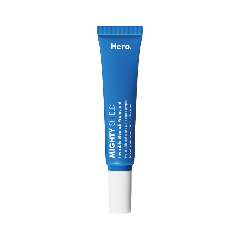 Blue tube of 'Hero' Mighty Shield Invisible Blemish Protectant on a white background