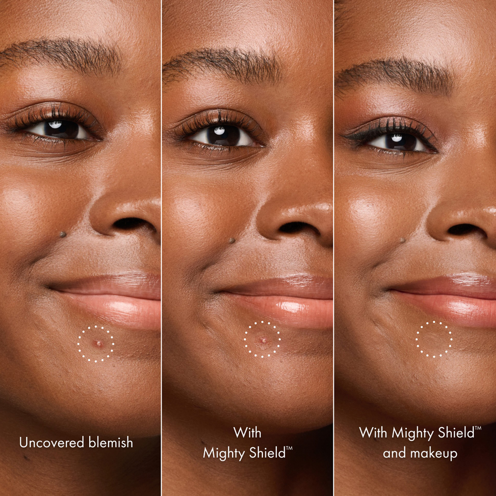 Before and after comparison of a woman's face with Mighty Shield product application.