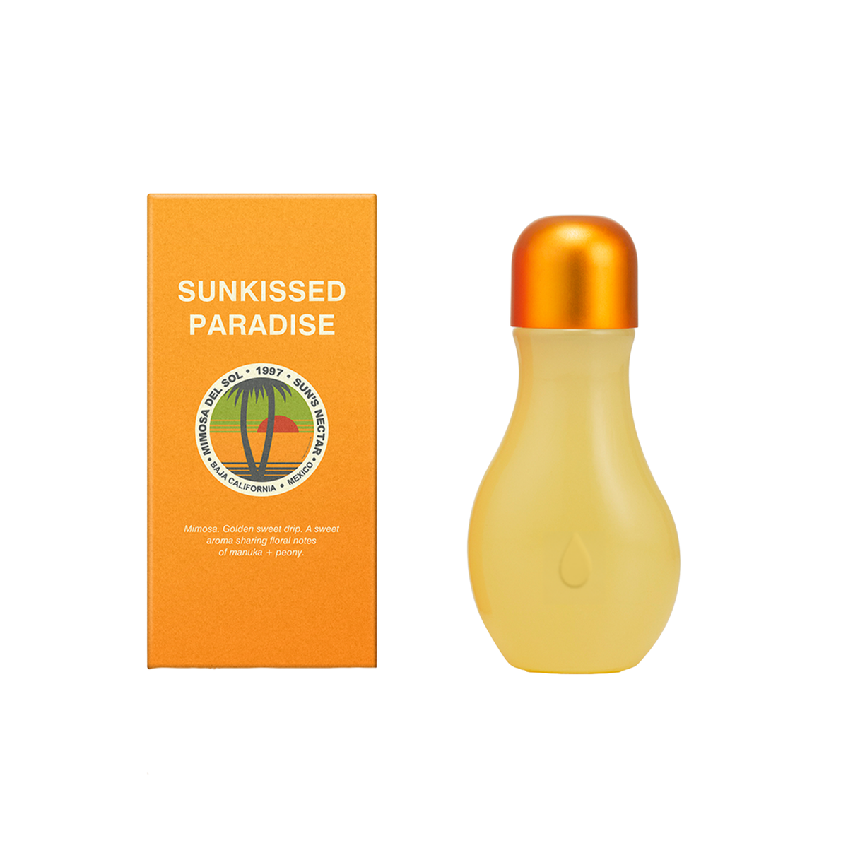 Sunkised Paradise oil  bottle and packaging box. The bottle is a translucent pale yellow with a metallic copper-orange cap, shown next to its orange cardboard box featuring the product name and a tropical palm tree graphic.