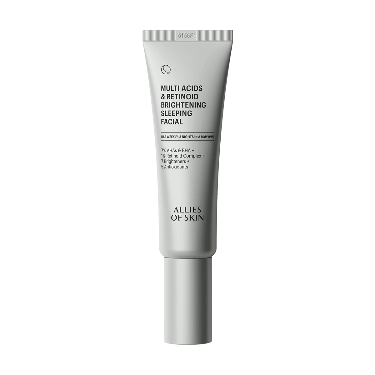Skincare tube labeled 'Multi Acids & Retinoid Brightening Sleeping Facial' by 'Allies of Skin' on a white background