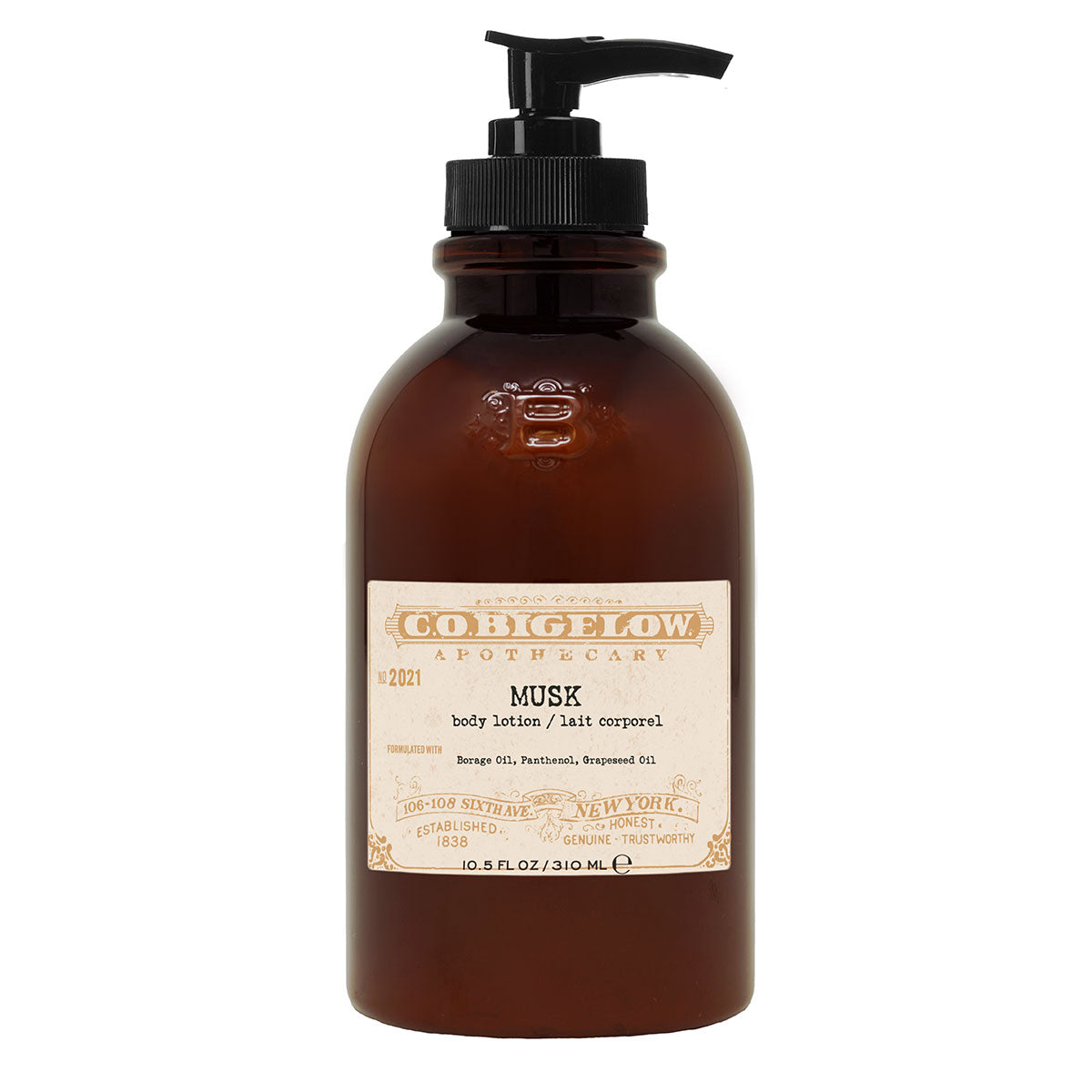 C.O. Bigelow Iconic Collection - Musk Body Lotion No. 2021 in an amber pump bottle in front of a white background. 