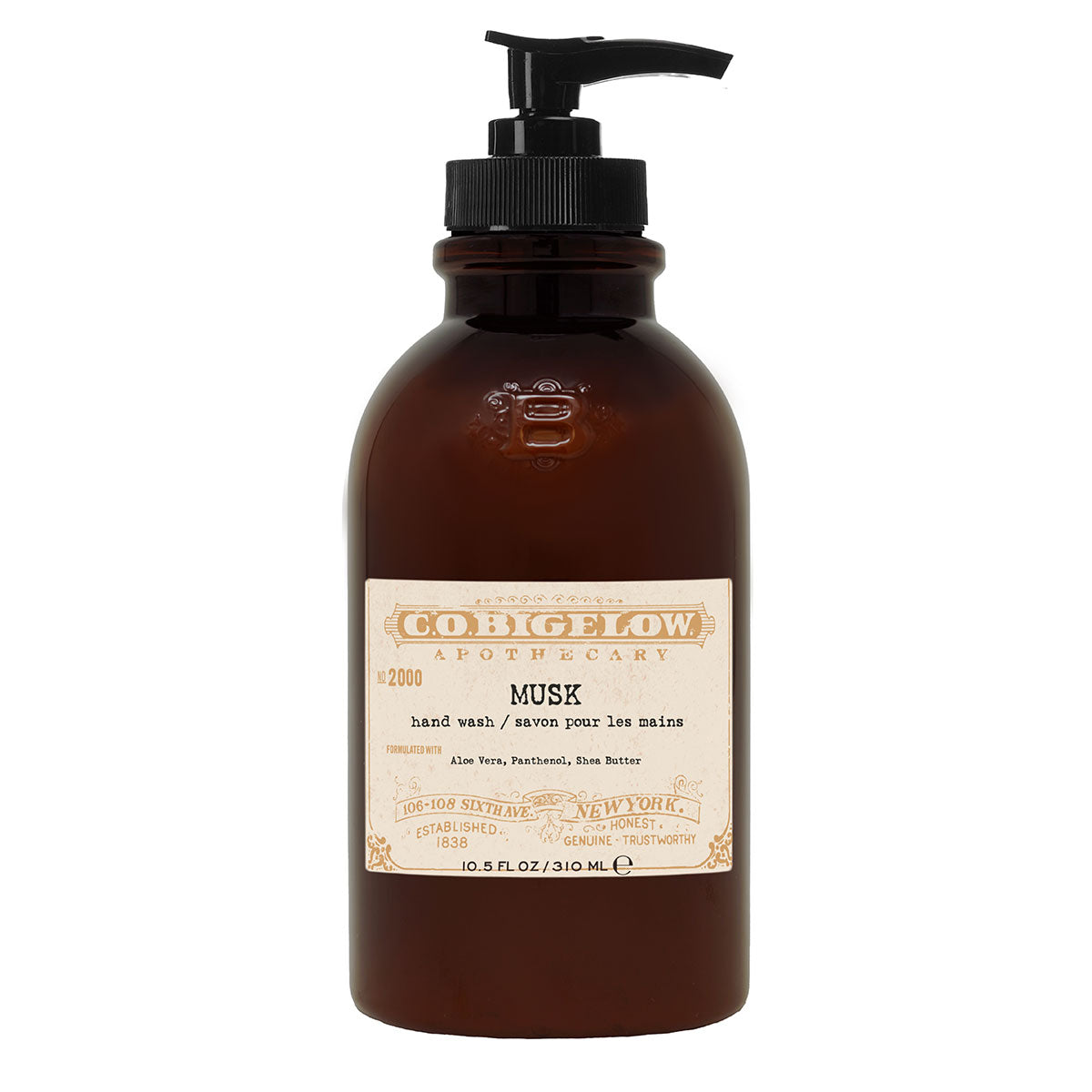 C.O. Bigelow Iconic Collection - Musk Hand Wash No. 2000 in an amber pump bottle in front of a white background. 