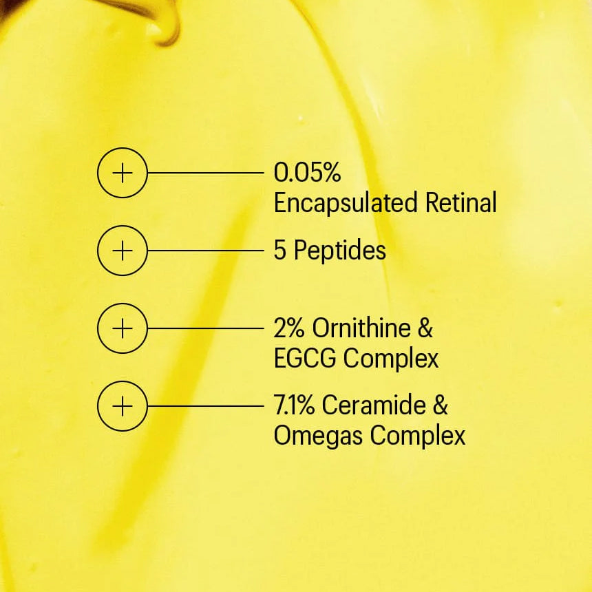 Yellow liquid with text detailing skincare ingredient percentages on a yellow background