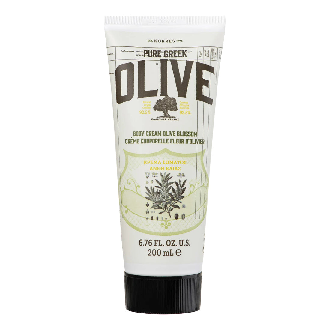 Tube of KORRES Pure Greek Olive Body Cream on a white background
