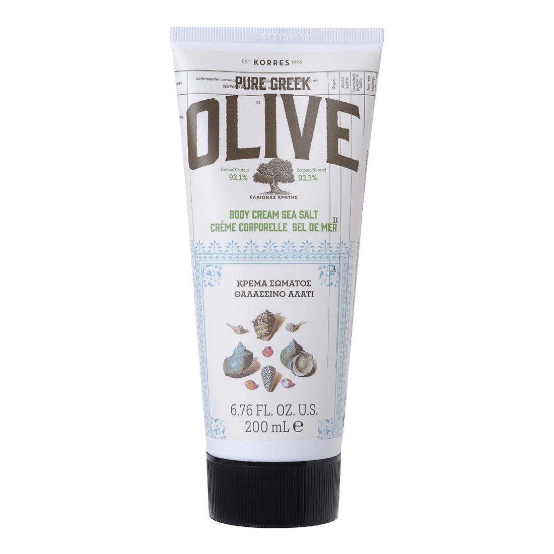 Tube of Korres Pure Greek Olive body cream on a white background