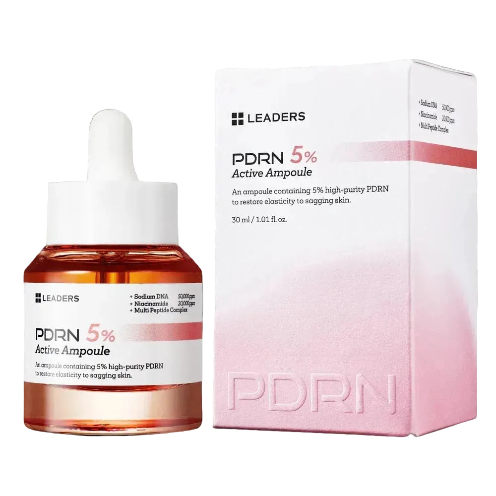 LEADERS PDRN 5% Active Ampoule skincare set, featuring a 30 ml dropper bottle with amber liquid and a matching white and pink product box on a clean white background.