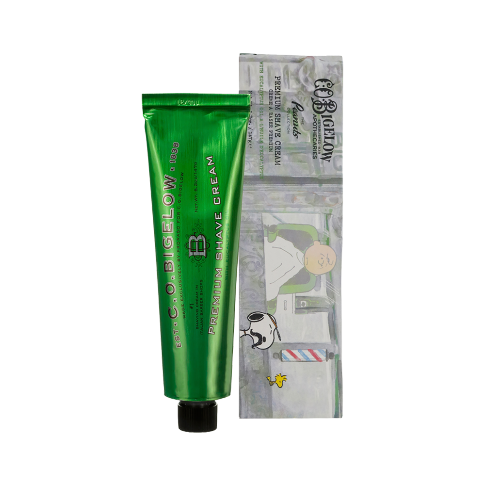 Peanuts® x C.O. Bigelow Premium Shave Cream with packaging on a white background