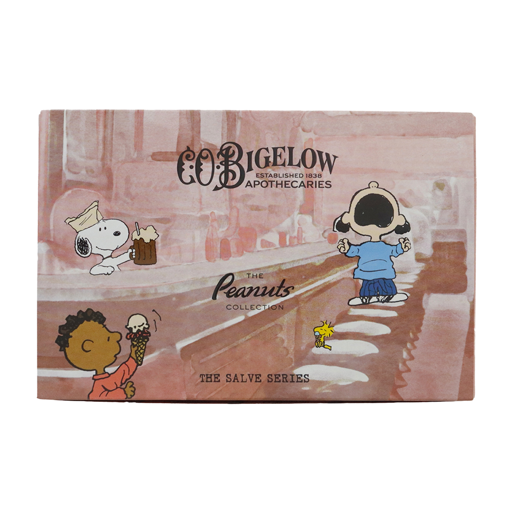 Peanuts® x C.O. Bigelow The Salve Series Packaging on a white background