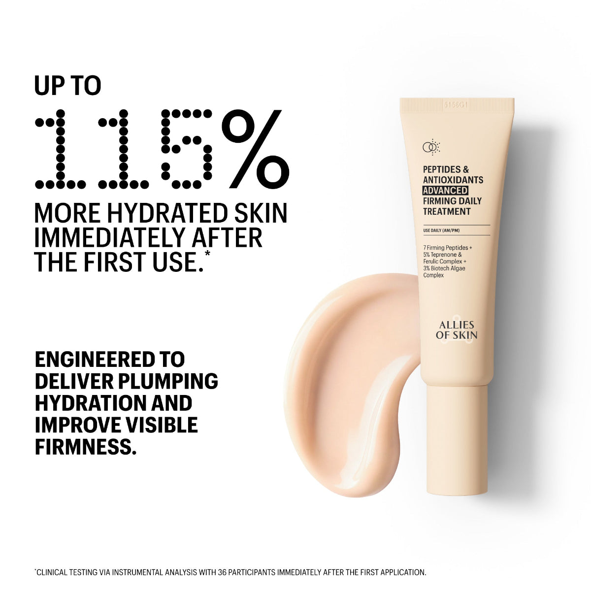 Skincare tube with text about hydration and firmness improvement on a white background