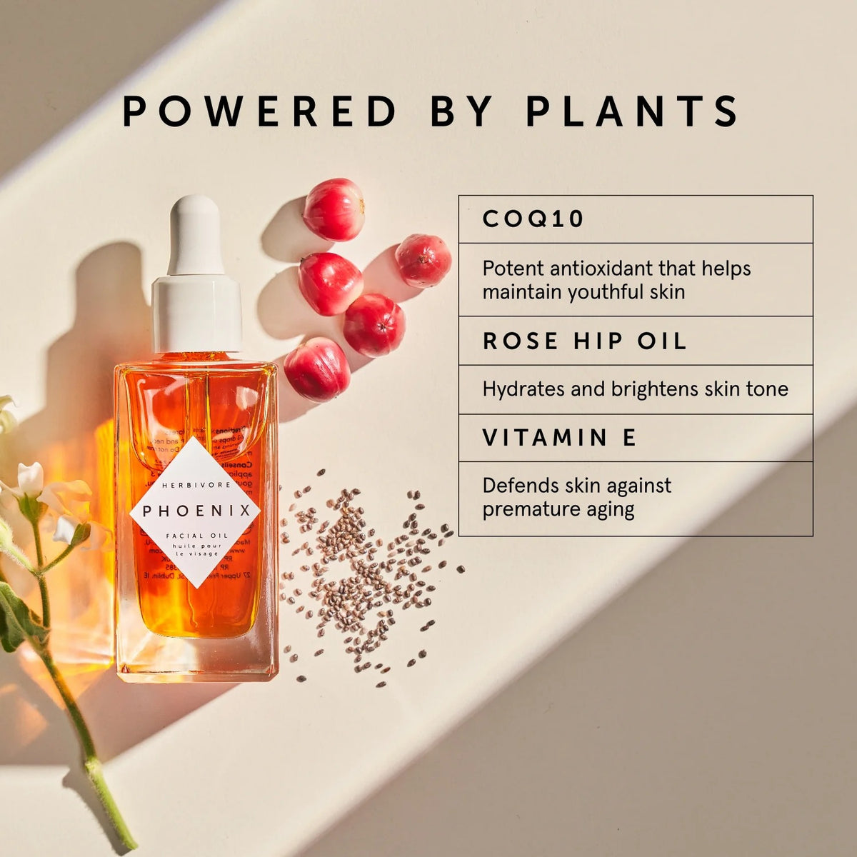 Skincare serum bottle with ingredients and benefits on a neutral background
