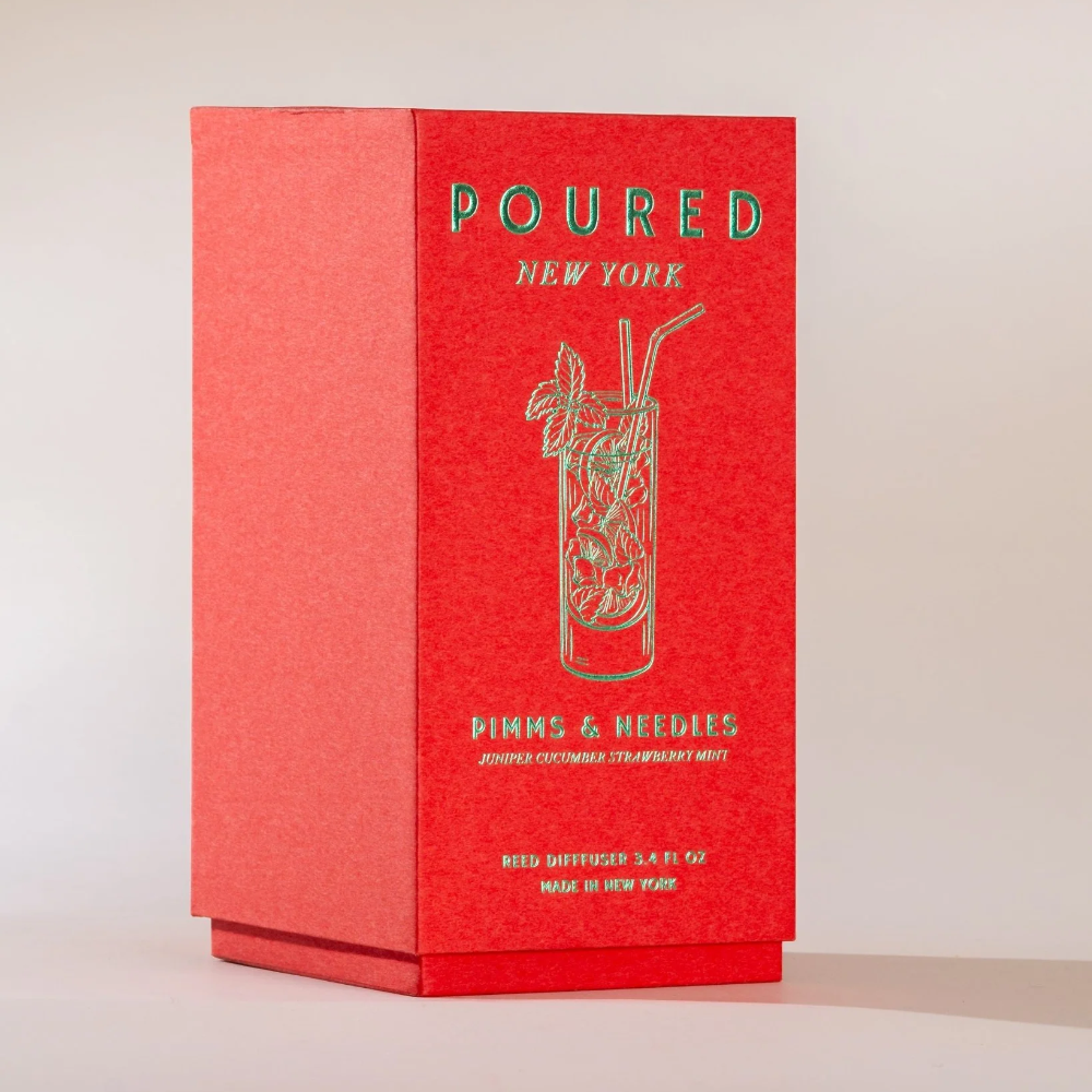 Red box with 'POURED New York' branding and a cocktail illustration on a light background