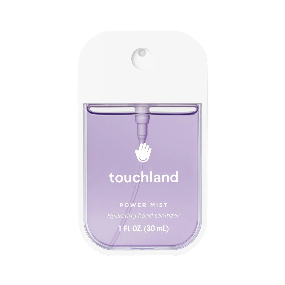 Purple hand sanitizer with 'touchland' branding on a white background