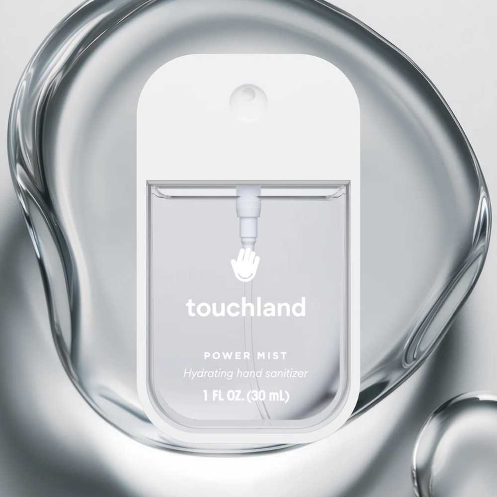 Touchland power mist hand sanitizer product with neutral-colored, fluid design