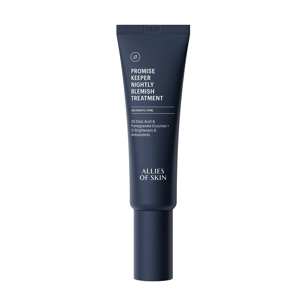 Dark blue skincare tube labeled 'Promise Keeper Nightly Blemish Treatment' by 'Allies of Skin' on a white background