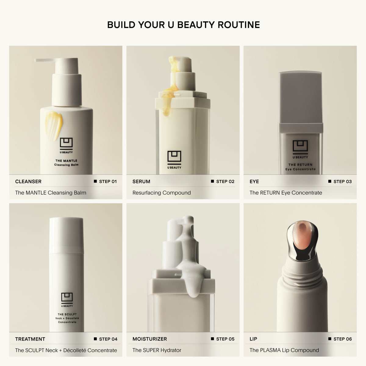 Collage of skincare products with labels and step indicators for a beauty routine.