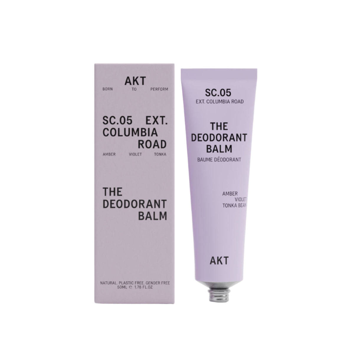AKT Columbia Road scented Deodorant Balm in a lilac colored tube next to a lilac colored product box on a white background. 