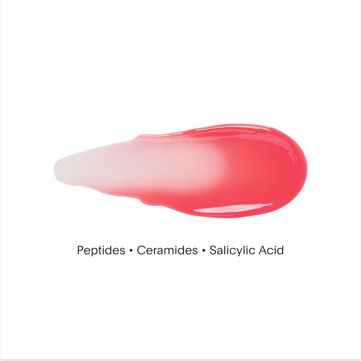 Pink and white cosmetic product swatch on a white background with text 'Peptides • Ceramides • Salicylic Acid'.
