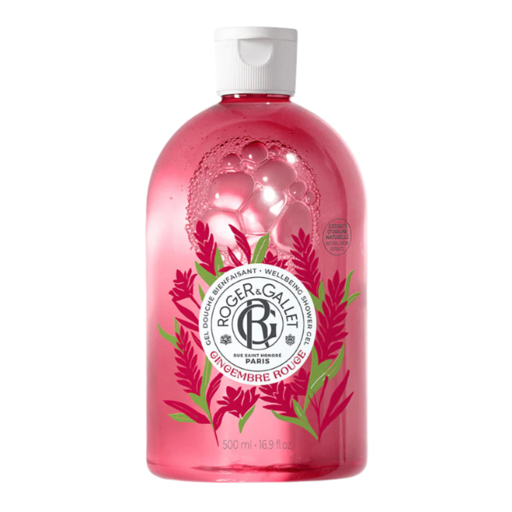 Bottle of Roger & Gallet's Gingembre Rouge Shower Gel in front of a flat white background.