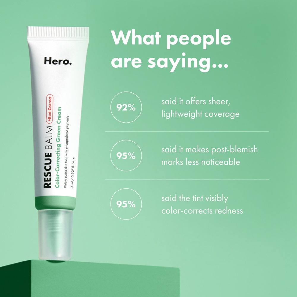 Hero Cosmetics Rescue Balm tube with customer feedback on a green background