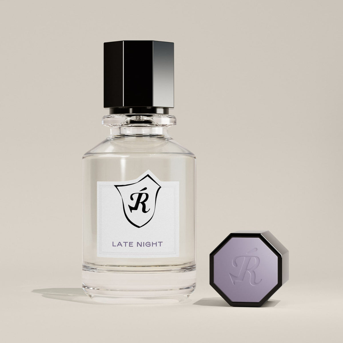 Perfume bottle labeled 'Late Night' with a hexagonal cap on a beige background