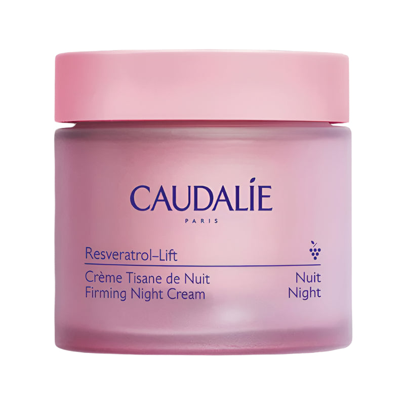 A jar of Caudalie Resveratrol-Lift Firming Night Cream with a pink lid on a white background.